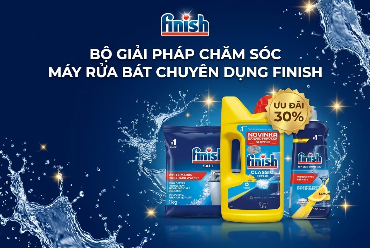 Bộ chăm sóc máy rửa bát Finish gồm viên rửa Quantum, muối rửa bát và nước làm bóng