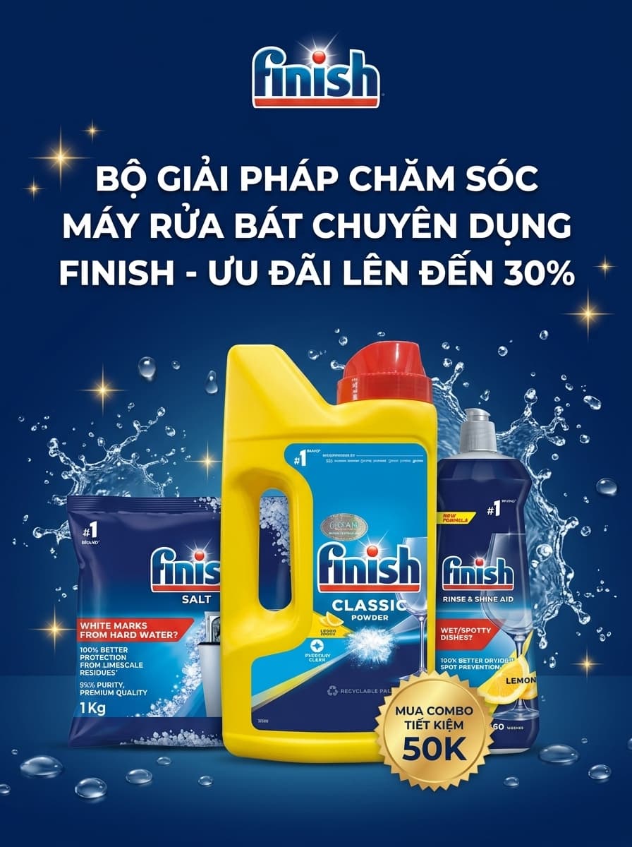 Bộ chăm sóc máy rửa bát Finish gồm viên rửa Quantum, muối rửa bát và nước làm bóng